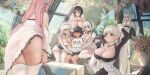  1boy 6+girls absurdres age_difference ass azur_lane belfast_(azur_lane) black_hair black_headwear black_shorts breasts child cleavage commentary_request dido_(azur_lane) faceless faceless_male flower formidable_(azur_lane) hat highres indoors large_breasts leg_grab maid male_child multiple_girls nurse_cap onee-shota perseus_(azur_lane) pink_hair rodriguez_(kamwing) shorts sign sirius_(azur_lane) thighhighs translated white_hair white_headwear 
