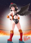  artist_logo ass bird_wings black_hair black_leotard black_wings boots breasts dated elbow_pads fire full_body hand_on_hip hat knee_pads kousei_(public_planet) leaf_print leotard looking_at_viewer looking_back medium_breasts red_eyes red_footwear shameimaru_aya short_hair signature tokin_hat touhou touhou_tag_dream wings wrestling_outfit wrestling_ring 