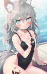  animal_ear_fluff animal_ears black_swimsuit blue_eyes blush breasts competition_swimsuit covered_navel grey_hair highleg highleg_swimsuit highres long_hair minamura_haruki one-piece_swimsuit original poolside small_breasts swimsuit tail thighs wolf_ears wolf_girl wolf_tail 