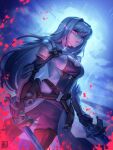  1girl alina_l armor belt black_gloves blue_eyes breast_tattoo breasts cleavage_cutout closed_mouth clothing_cutout commentary crossed_belts dual_wielding english_commentary ethel_(xenoblade) gauntlets gloves glowing glowing_eye grey_hair hair_intakes heterochromia highres holding holding_sword holding_weapon lips long_hair looking_at_viewer medium_breasts pauldrons pink_lips red_eyes serious shoulder_armor signature solo sword tattoo twitter_username very_long_hair weapon xenoblade_chronicles_(series) xenoblade_chronicles_3 