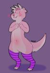  anthro belly big_butt big_tail blush butt clothing digitigrade footwear fur girly head_tuft hi_res karnii legwear long_body lutrine male mammal mustelid paws pink_body pink_fur size_difference skinny smaller_male socks solo stockings thick_thighs tiny_feet tuft wide_hips 