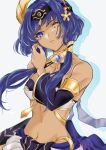  1girl bangs bare_shoulders blue_eyes blue_hair brooch candace_(genshin_impact) commentary crop_top detached_sleeves genshin_impact grey_background hand_up head_tilt headband jewelry long_hair long_sleeves looking_at_viewer midriff navel neck_ring shou_fuji sidelocks solo stomach upper_body yellow_eyes 