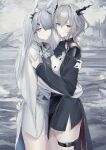  2girls animal_ears arknights ascot bangs black_ascot black_coat black_shorts blunt_bangs breast_press breasts coat commentary demon_girl demon_horns feet_out_of_frame frostnova_(arknights) grey_eyes grey_hair hair_over_one_eye hand_on_another&#039;s_ass highres horns hug light_frown long_hair long_sleeves looking_at_viewer maho_(drmaho1) medium_breasts multiple_girls outdoors rabbit_ears short_hair shorts symmetrical_docking tailcoat talulah_(arknights) thigh_pouch thigh_strap wavy_hair white_ascot white_coat white_shorts 