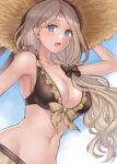  1girl alternate_costume bikini black_bikini black_bow black_swimsuit blonde_hair blue_eyes blue_sky bow breasts cleavage cloud collarbone commentary_request day fire_emblem fire_emblem:_three_houses fire_emblem_heroes frilled_bikini frills hair_bow hat hazuki_(nyorosuke) highres large_breasts long_hair looking_at_viewer mercedes_von_martritz navel official_alternate_costume open_mouth outdoors side_ponytail sky smile solo stomach straw_hat sun_hat swimsuit very_long_hair 