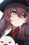  1girl :d =_= absurdres bangs black_headwear blush boo_tao_(genshin_impact) brown_hair closed_mouth commentary_request flower-shaped_pupils frown genshin_impact ghost hair_between_eyes highres hu_tao_(genshin_impact) long_hair peeking_out qixia red_eyes red_shirt shirt simple_background smile split_mouth symbol-shaped_pupils tassel upper_body white_background 