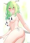  1girl absurdres animal_print antlers ass bikini blush branch breasts ceres_fauna cow_print flower green_hair grin hair_flower hair_ornament highres hololive hololive_english kurigura_(sketch_san) large_breasts looking_at_viewer looking_back lying on_side side-tie_bikini smile solo swimsuit yellow_eyes 