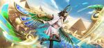  1girl absurdres barefoot black_hair black_skin blue_sky breasts choker colored_skin commentary_request desert egypt egyptian green_eyes harpy heterochromia highres itsumade_(onmyoji) looking_at_viewer medium_breasts midriff monster_girl multicolored_skin onmyoji pyramid skirt sky solo two-tone_skin user_xuat8353 white_skirt winged_arms wings yellow_eyes 