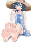  1girl aqua_nails arm_support bangs barefoot blue_dress blue_eyes breasts collarbone commentary_request delicious_party_precure dress eyelashes feet floral_print foot_focus foreshortening fuwa_kokone green_eyes hair_ornament hand_up hat highres hinosaki jacket long_sleeves looking_at_viewer medium_hair nail_polish open_mouth precure print_dress see-through see-through_jacket shadow sidelocks simple_background sitting small_breasts soles solo straw_hat sundress toenail_polish toenails toes white_background 