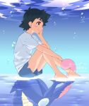 1boy ash_ketchum bangs barefoot black_hair brown_eyes bubble closed_mouth commentary_request from_side greninja highres male_focus ok_(asuta00912) pokemon pokemon_(anime) pokemon_(creature) pokemon_xy_(anime) shirt short_hair short_sleeves shorts side_slit side_slit_shorts smile t-shirt tongue twitter_username water watermark 