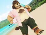  3d_(artwork) anthro beach body_hair chest_hair clothed clothing digital_media_(artwork) felid food hi_res lion looking_at_viewer male malicekira mammal mmd navel one_eye_closed open_clothing open_shirt open_topwear outside overweight pantherine pawpads popsicle pubes ross_(rossciaco) sand seaside shirt solo tongue topwear water wink winking_at_viewer 