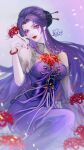  1girl absurdres artist_request bracelet breasts closed_mouth detached_sleeves dress eye_mask flower head_tilt highres holding holding_flower jewelry long_hair looking_at_viewer medium_breasts multicolored_background purple_dress purple_hair qin_shi_ming_yue second-party_source see-through see-through_sleeves sitting solo spider_lily tattoo zi_nu_(qin_shi_ming_yue) 