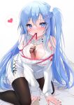  1girl blue_eyes blue_hair blush breasts cleavage_cutout clothing_cutout emori_miku emori_miku_project heart highres large_breasts liver_city long_hair looking_at_viewer nail_polish solo sweater turtleneck turtleneck_sweater valentine white_background yoruhoshi_owl 