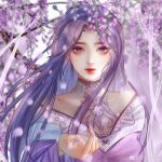  1girl artist_request breasts closed_mouth dress falling_petals flower hair_ornament hairpin highres long_hair long_sleeves medium_breasts outstretched_hand petals purple_dress purple_eyes purple_hair qin_shi_ming_yue second-party_source see-through see-through_shirt solo white_background wisteria zi_nu_(qin_shi_ming_yue) 