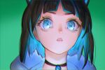  1girl animal_ears bell black_choker blue_eyes blue_hair brown_hair choker chromatic_aberration close-up eyelashes film_grain gigapuri green_background long_eyelashes looking_at_viewer multicolored_hair neck_bell original parted_lips simple_background solo two-tone_hair upper_body 