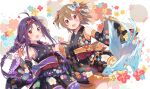  2girls :d alternate_costume bangs bare_shoulders braid brown_hair detached_sleeves dragon floral_print flower gloves hair_flower hair_ornament hairband highres holding_hands japanese_clothes kimono knokzm looking_at_viewer multiple_girls open_mouth pina_(sao) purple_hair red_eyes red_hairband silica smile sword_art_online twin_braids twitter_username white_gloves yukata yuuki_(sao) 