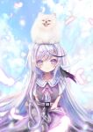  1girl animal_on_head awae_iroha blue_background blue_theme closed_mouth dog dress emori_miku_project highres liver_city long_hair looking_at_viewer megts0331 on_head purple_eyes purple_hair short_sleeves sitting smile solo virtual_youtuber 