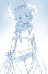  1girl abigail_williams_(fate) abigail_williams_(swimsuit_foreigner)_(fate) bangs bare_shoulders bikini bonnet bow breasts fate/grand_order fate_(series) forehead hair_bow highres kazuma_muramasa long_hair looking_at_viewer miniskirt monochrome navel parted_bangs sidelocks sketch skirt small_breasts smile solo swimsuit thighs twintails very_long_hair 