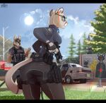  2022 anthro black_bars butt canid canine canis car clipboard clothing cloud domestic_cat eyewear felid feline felis female female_focus glasses grass gun hi_res hinget holster male mammal outside plant police_uniform ranged_weapon shooting_range sky sun target_practice tree uniform vehicle watermark weapon widescreen wolf year 