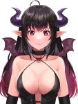  1girl ahoge bangs bare_shoulders benjamin4679 black_choker black_hair breasts choker cleavage closed_mouth collarbone commentary_request corset cover cross-laced_clothes crossed_bangs demon demon_girl demon_horns demon_wings detached_sleeves dot_nose facing_viewer fangs halterneck horns large_breasts long_hair multicolored_hair original pink_eyes pointy_ears red_hair sidelocks simple_background slit_pupils smile solo streaked_hair upper_body white_background wings 