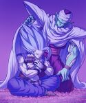  1girl 2boys black_hair cape colored_skin commentary_request crossed_arms dougi dragon_ball dragon_ball_super dragon_ball_super_super_hero female_child gohan_beast grandfather_and_granddaughter green_skin highres hug koukyouji multiple_boys muscular pan_(dragon_ball) piccolo pointy_ears short_hair simple_background smile son_gohan spiked_hair turban wristband 