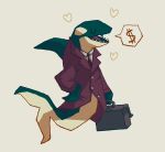  $ &lt;3 2013 anthro business_suit cetacean clothing delphinoid eyes_closed grey_background happy holding_object male mammal marine necktie oceanic_dolphin open_mouth orca retros shadow simple_background smile solo speech_bubble suit suitcase teeth tongue toothed_whale 