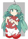  1girl blush closed_mouth cloud_print collared_shirt curly_hair green_eyes green_hair horns ini_(inunabe00) kariyushi_shirt komano_aunn long_hair red_shirt shirt short_sleeves shorts single_horn solo touhou white_shorts 