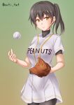  1girl alternate_costume anti_(untea9) ball baseball baseball_jersey baseball_mitt baseball_uniform bike_shorts breasts brown_eyes brown_hair cowboy_shot gradient gradient_background gradient_hair green_background hair_between_eyes highres holding holding_ball jersey kaga_(kancolle) kantai_collection long_hair looking_at_viewer medium_breasts multicolored_hair short_sidetail short_sleeves side_ponytail skirt solo sportswear twitter_username 