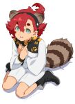  1girl animal_ears aqua_eyes bangs black_hairband boots commentary gundam gundam_suisei_no_majo hairband hands_on_own_chest highres kazuma_muramasa long_sleeves looking_at_viewer raccoon_ears raccoon_tail red_hair shorts sitting solo suletta_mercury tail uniform wariza white_background 