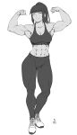  1girl abs absurdres bangs biceps black_hair blush breasts cleavage flexing greyscale highres monochrome muscular muscular_female original ponytail pose shoes sneakers solo speedl00ver sports_bra sportswear thick_thighs thighs 