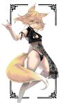  1girl absurdres adapted_costume alternate_color animal_ears blonde_hair brown_eyes fox_ears fox_girl fox_shadow_puppet fox_tail highres kudamaki_tsukasa luo_qiangwei navel short_hair tail touhou yellow_tail 