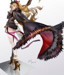  1girl bangs black_cape black_dress black_leotard black_nails black_sleeves blonde_hair bow breasts cape dress earrings ereshkigal_(fate) et_atr3 expressionless fate/grand_order fate_(series) full_body fur-trimmed_cape fur_cape fur_trim gold_footwear gold_trim hair_bow hair_ribbon high_heels highres hoop_earrings infinity jewelry leotard leotard_under_clothes long_hair looking_at_viewer looking_back medium_breasts multicolored_cape multicolored_clothes parted_bangs red_bow red_eyes ribbon signature single_thighhigh solo thighhighs tiara two_side_up very_long_hair 