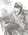  1girl closed_mouth cup gigapuri greyscale half-closed_eyes hat holding holding_cup long_hair monochrome original pantyhose pillow sitting sketch sleeves_past_wrists solo steam 