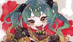  1girl absurdres bangs black_gloves claw_pose commentary earrings fangs gloves gradient_hair green_hair hatsune_miku highres horns jewelry multicolored_hair orange_eyes orange_hair red_background salamander_(vocaloid) solo tanarei teeth tongue tongue_out twintails upper_teeth vocaloid 