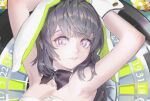  1girl animal_ears armpits arms_up bare_shoulders black_bow bow closed_mouth cropped eyelashes fake_animal_ears film_grain gigapuri grey_hair highres lipstick long_eyelashes long_hair looking_at_viewer makeup original poker_chip purple_eyes rabbit_ears roulette_table solo table upper_body 