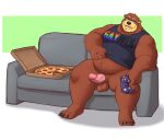  2022 absurd_res anthro balls belly big_belly brown_body clothing controller erection eyewear food furniture game_controller gamecube gamecube_controller genitals glasses hi_res lustyshu male mammal nintendo nintendo_controller overweight overweight_male penis pizza pizza_box shirt sitting sofa solo text text_on_clothing text_on_shirt text_on_topwear topwear ursid video_games 
