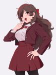  1girl bow breasts brown_hair character_request commentary_request copyright_request cowboy_shot hair_bow hand_on_hip jacket kamo_kamen large_breasts open_mouth pantyhose red_eyes red_jacket red_skirt skirt smile solo 