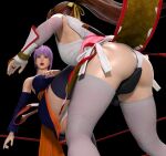  2girls 3d absurdres ass ayane_(doa) brown_hair cunt_punt dead_or_alive hair_ribbon highres japanese_clothes kasumi_(doa) long_hair multiple_girls ponytail purple_hair ribbon wrestling_ring 