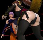  2girls 3d absurdres ass ayane_(doa) brown_hair cunt_punt dead_or_alive gcb hair_ribbon highres japanese_clothes kasumi_(doa) long_hair multiple_girls ponytail purple_hair ribbon wrestling_ring 