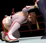  2girls 3d absurdres ass ayane_(doa) brown_hair cunt_punt dead_or_alive gcb hair_ribbon highres japanese_clothes kasumi_(doa) long_hair multiple_girls ponytail purple_hair ribbon wrestling_ring 