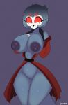  anthro avian beak big_breasts bird blue_body blue_feathers breasts clothed clothing crossgender demon eevilish feathers female glowing glowing_eyes helluva_boss hi_res mature_female multi_eye owl owl_demon partially_clothed red_eyes robe simple_background smile solo stolas_(helluva_boss) thick_thighs 