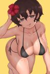  1girl :q akaboshi_koume arm_support bangs barefoot bikini black_bikini blue_eyes breasts brown_hair cleavage closed_mouth commentary flower girls_und_panzer hair_flower hair_ornament half-closed_eyes halterneck hand_on_own_head hibiscus highres kneeling large_breasts leaning_forward licking_lips looking_at_viewer red_flower short_hair side-tie_bikini simple_background skindentation smile solo sweat swimsuit takefu_jiin tongue tongue_out wavy_hair yellow_background 