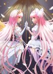 2girls bow choker closed_mouth commentary_request dress elbow_gloves eye_contact frilled_dress frills gloves hair_bow highres infinite_iroha kaname_madoka long_hair looking_at_another magia_record:_mahou_shoujo_madoka_magica_gaiden mahou_shoujo_madoka_magica multiple_girls nacky0610 pink_eyes pink_hair pink_thighhighs smile thighhighs tiara two_side_up ultimate_madoka very_long_hair white_bow white_choker white_dress white_thighhighs yellow_eyes zettai_ryouiki 