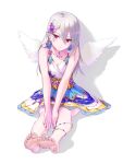  1girl angel_wings bangs blue_dress blush breasts cleavage collarbone commentary_request commission dress earrings feathered_wings feet fukukitaru gold_trim grey_hair hair_between_eyes hair_ornament hands_on_own_knees highres jewelry leaning_forward legs legs_together long_hair looking_at_viewer multicolored_clothes multicolored_dress necklace ongeki red_eyes shadow short_dress simple_background sitting skeb_commission sleeveless sleeveless_dress soles solo sumeragi_setsuna thighs toes white_background white_dress wings 