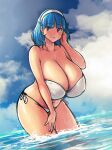  1girl absurdres bikini blue_hair breasts cleavage erkaz hairband highres huge_breasts in_water looking_at_viewer medium_hair original outdoors partially_submerged red_eyes rina_atherina standing swimsuit wet 