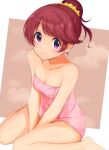 1girl bare_arms bare_legs bare_shoulders barefoot between_legs breasts cleavage closed_mouth collarbone hair_ornament hair_scrunchie hand_between_legs idolmaster idolmaster_cinderella_girls long_hair looking_at_viewer naked_towel oscar_08 purple_eyes red_hair scrunchie shiina_noriko shiny shiny_hair shiny_skin sitting small_breasts smile solo towel wariza yellow_scrunchie 