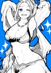 1girl absurdres arms_behind_head bikini bikini_top_only blue_background blue_eyes breasts cleavage highres jewelry large_breasts long_hair midriff monochrome necklace nefertari_vivi one_eye_closed one_piece ponytail smile standing swimsuit upper_body wet yotsumi_shiro 