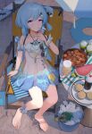  1girl absurdres bangs bare_shoulders barefoot bendy_straw bikini blue_hair bottle bucket cocktail_umbrella commentary_request cup dress drinking_glass drinking_straw eyebrows_hidden_by_hair feet griseo hair_ornament hand_up heart heart_hair_ornament highres holding holding_cup honkai_(series) honkai_impact_3rd ice ice_cube legs looking_at_viewer on_chair one_side_up plate purple_eyes see-through sitting sleeveless sleeveless_dress solo swimsuit toes watermelon_slice wood_cube 
