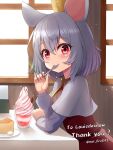  1girl animal_ears bangs cake capelet commission eating food grey_hair highres ice_cream indoors long_sleeves looking_at_viewer mol_fire893 mouse_ears mouse_girl nazrin plate pocky red_eyes short_hair skeb_commission solo spoon sundae touhou upper_body utensil_in_mouth white_capelet window 
