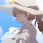  1girl blue_sky blush brown_eyes brown_hair closed_mouth cloud cloudy_sky commentary day dress from_side grey_headwear hat heoningu long_hair looking_away original outdoors ponytail sky solo straw_hat sweat symbol-only_commentary white_dress 