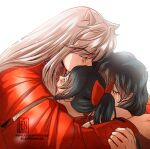  1boy 2girls black_hair bow closed_eyes crying crying_with_eyes_open hair_bow han&#039;you_no_yashahime happy_tears higurashi_kagome inuyasha inuyasha_(character) japanese_clothes kimono lennys long_hair moroha multiple_girls open_mouth ponytail red_bow red_kimono shiny shiny_hair simple_background tears twitter_username very_long_hair watermark web_address white_background white_hair 